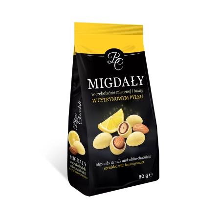 Migdały w czekoladzie mlecznej i białej w cytrynowym pyłku 80g