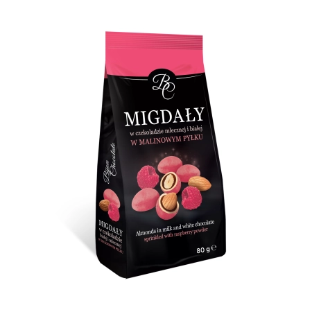 Migdały w czekoladzie mlecznej i białej w malinowym pyłku 80g